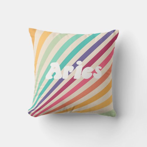 Aries Retro Rainbow Zodiac Astrology Round Pillow