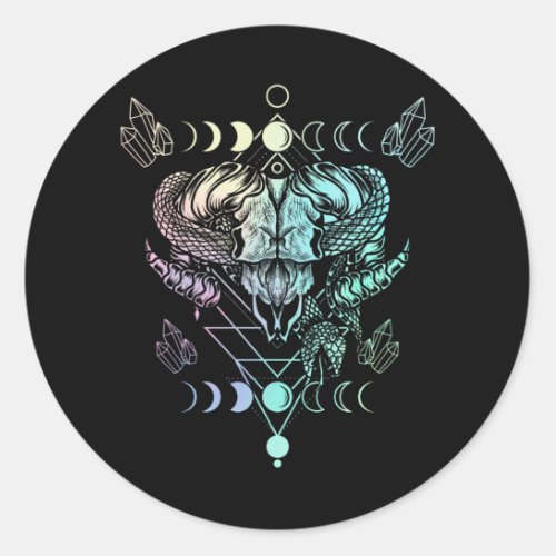 Aries Skull Snake Wicca Occult Crescent Moon Goth Classic Round Sticker