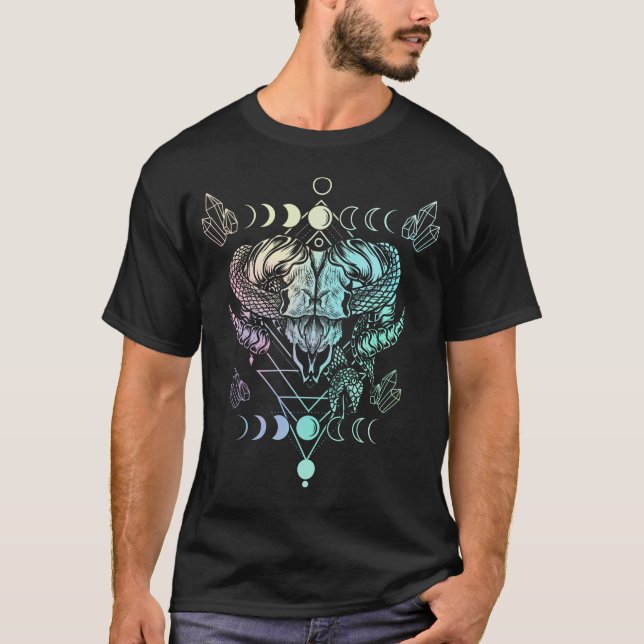Aries Skull Snake Wicca Occult Crescent Moon Goth T-Shirt (Front)