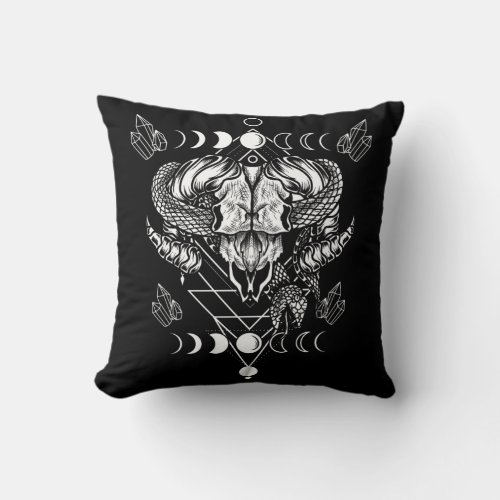 Aries Skull Wicca Occult Crescent Moon Witchcraft Throw Pillow