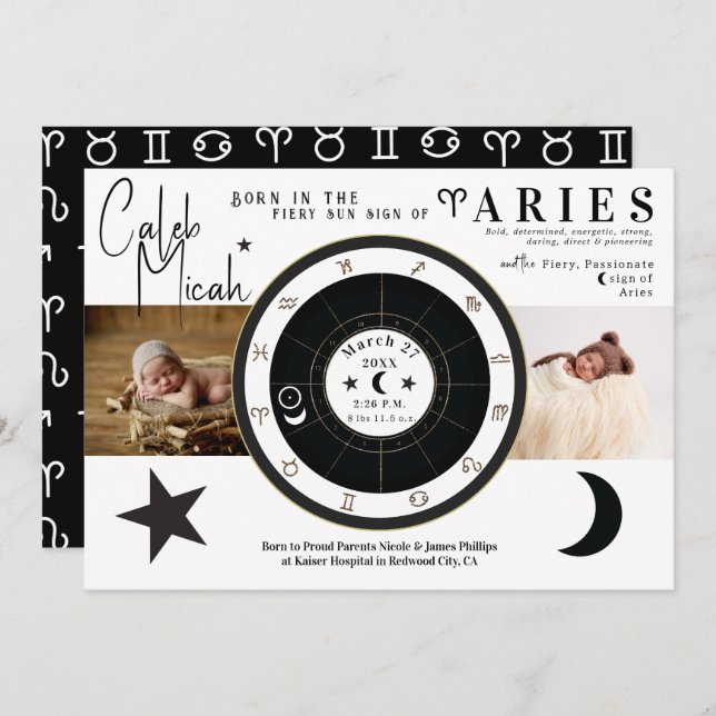 Aries Sun  & Moon Zodiac Sign Birth Announcement (Front/Back)