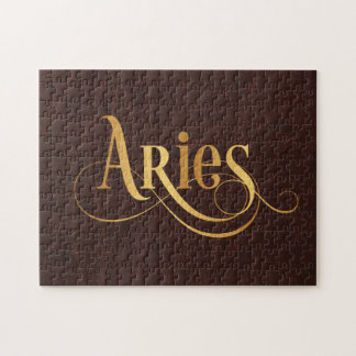 Aries Swirly Script Gold on Leather Jigsaw Puzzle