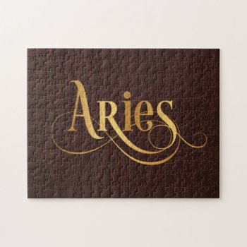 Aries Swirly Script Gold On Leather Jigsaw Puzzle by Hakonart at Zazzle