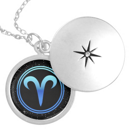 Aries Symbol Circle Electric Blue with Stars v2 Silver Plated Necklace