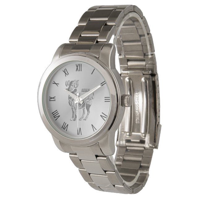 Aries the Ram Zodiac Silver Roman Numerals Watch (Angled)