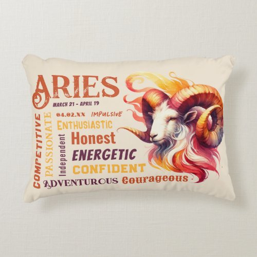 Aries Traits Watercolor Ram Zodiac Sign Birthday Accent Pillow