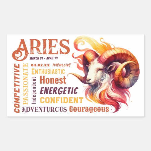 Aries Traits Watercolor Ram Zodiac Sign Birthday Rectangular Sticker