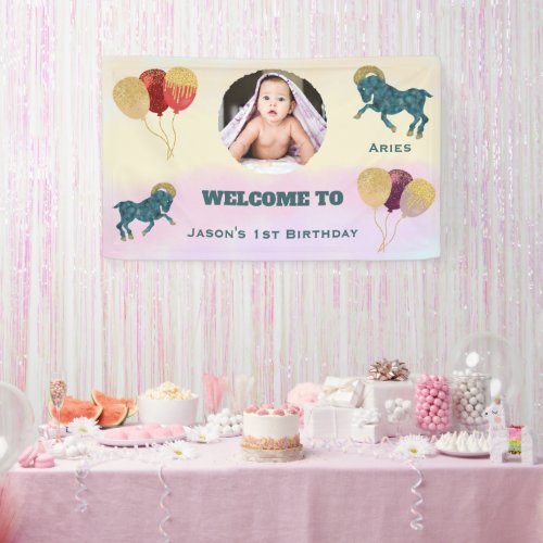 Aries Watercolor 1st Birthday Photo & Balloons 