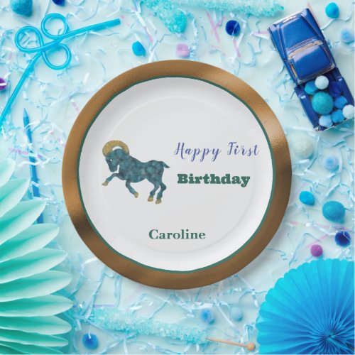 Aries Zodiac 1st Birthday Gold &amp; Green Artistic Paper Plates