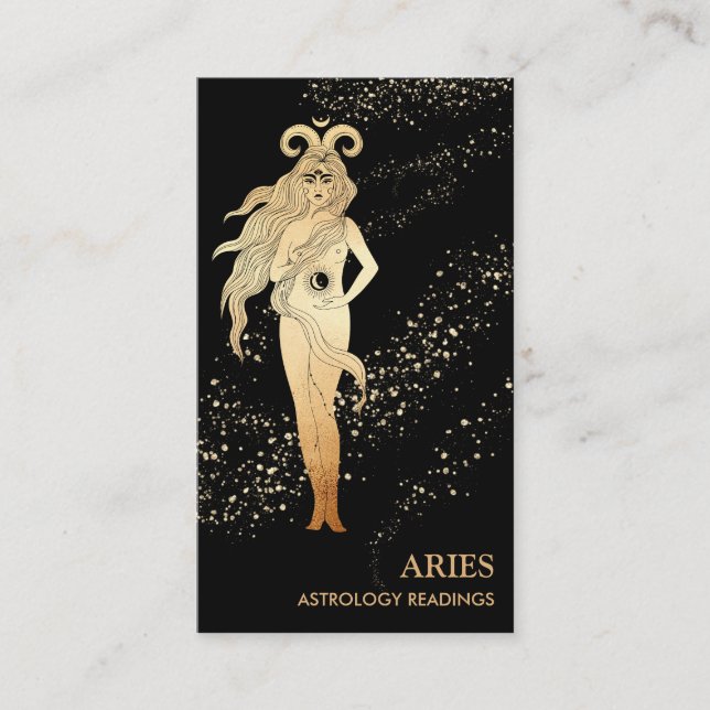 *~* ARIES Zodiac Astrology Reading Gold & Black Business Card (Front)