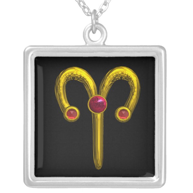 ARIES ZODIAC BIRTHDAY JEWEL RED RUBY Gold Black Silver Plated Necklace (Front)