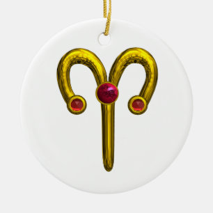 ARIES ZODIAC BIRTHDAY JEWEL Red Ruby Gold Ceramic Ornament