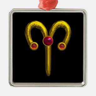 ARIES ZODIAC BIRTHDAY JEWEL Red Ruby Gold Metal Ornament