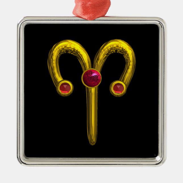 ARIES ZODIAC BIRTHDAY JEWEL Red Ruby Gold Metal Ornament (Front)