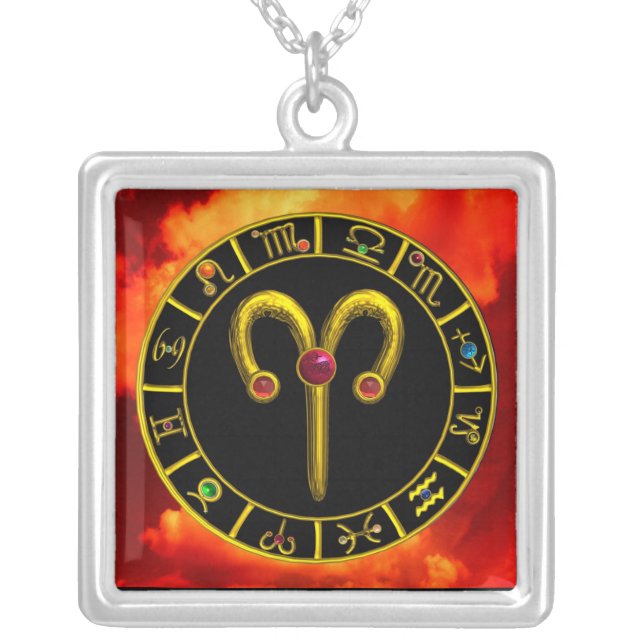 ARIES ZODIAC BIRTHDAY JEWEL RED RUBY Gold Silver Plated Necklace (Front)