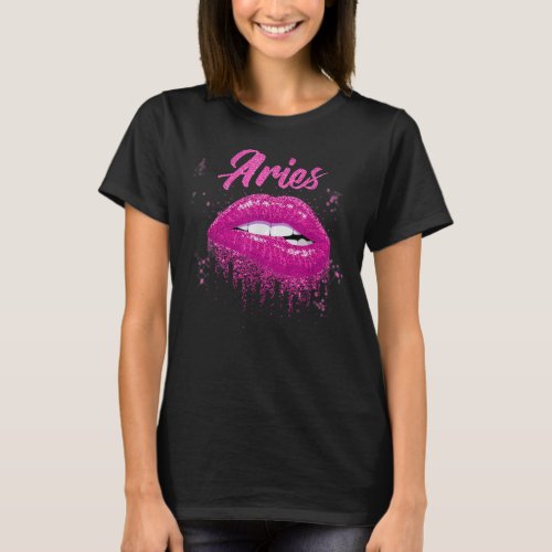 Aries Zodiac Birthday Pink Lips for Black Women T_Shirt