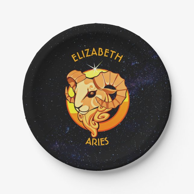 Aries Zodiac Birthday Sign With Your Custom Name Paper Plates (Front)