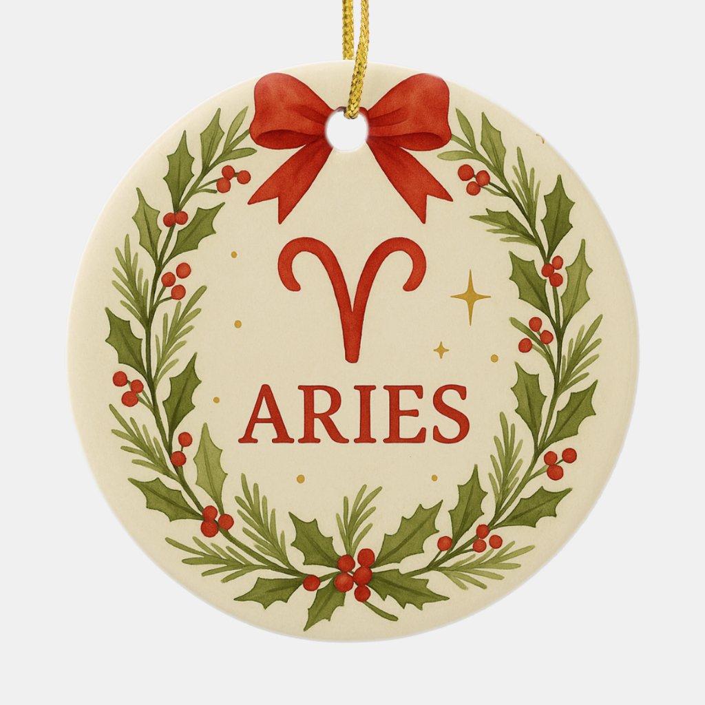 Aries Zodiac Christmas Ornament with Festive Holly