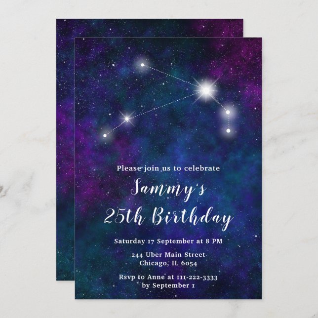 Aries Zodiac Constellation Birthday Party Invitation (Front/Back)