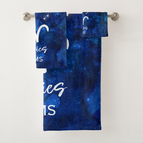 Aries Zodiac Constellation Blue Galaxy Monogram Bath Towel Set