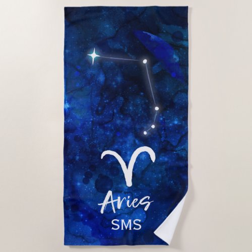 Aries Zodiac Constellation Blue Galaxy Monogram Beach Towel