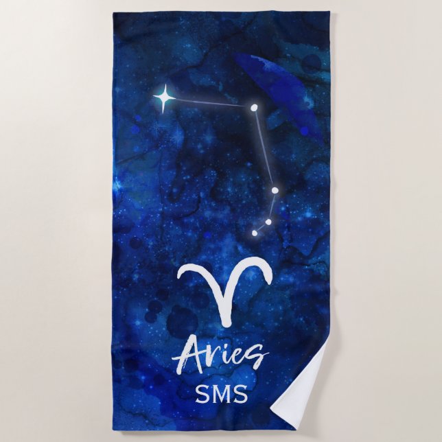 Aries Zodiac Constellation Blue Galaxy Monogram Beach Towel (Front)