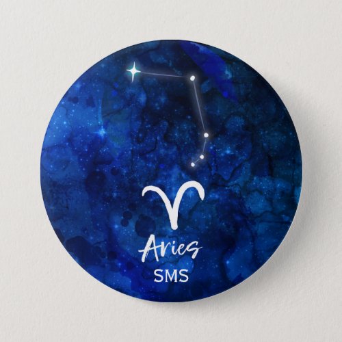 Aries Zodiac Constellation Blue Galaxy Monogram Button