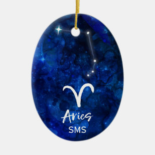 Aries Zodiac Constellation Blue Galaxy Monogram Ceramic Ornament