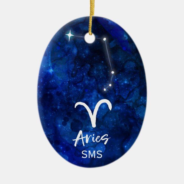 Aries Zodiac Constellation Blue Galaxy Monogram Ceramic Ornament (Front)