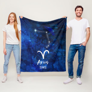 Aries Zodiac Constellation Blue Galaxy Monogram Fleece Blanket
