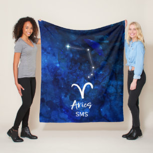 Aries Zodiac Constellation Blue Galaxy Monogram Fleece Blanket