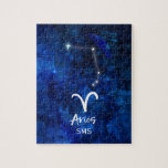 Aries Zodiac Constellation Blue Galaxy Monogram Jigsaw Puzzle<br><div class="desc">Aries Zodiac Constellation Blue Galaxy Monogram Design. With trendy Brushed Script Font, Dark blue celestial watercolor background texture, Glowing star constellation, and The Ram symbol. Modern Astrological Sign Birth Horoscope, is perfect for any Aquarian Birthday From March 21 - April 19 ! With Optional Monogrammed First Middle and Last name...</div>