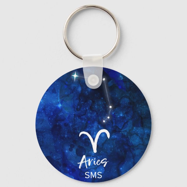 Aries Zodiac Constellation Blue Galaxy Monogram Keychain (Front)