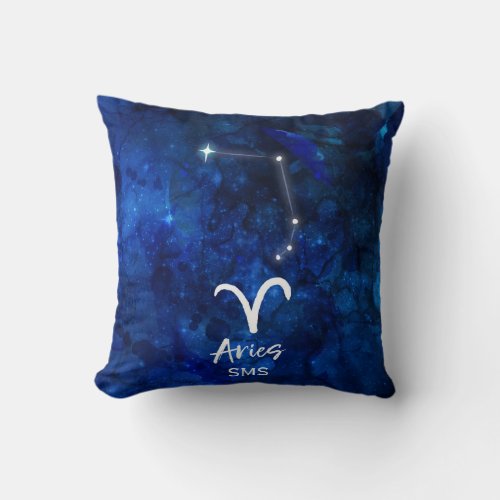Aries Zodiac Constellation Blue Galaxy Monogram Throw Pillow