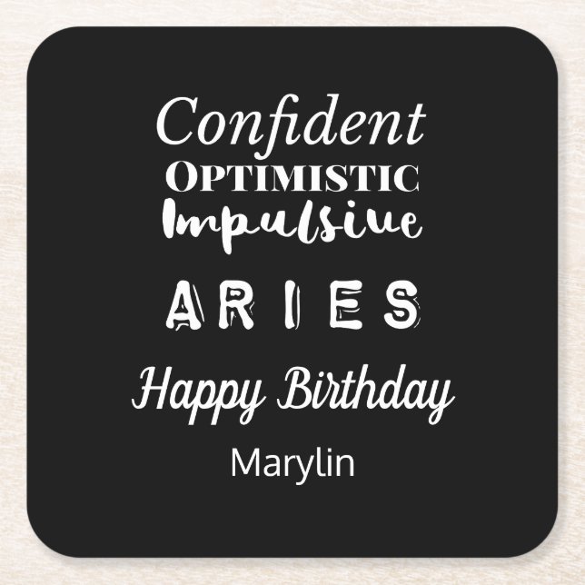 Aries Zodiac Fun Characteristics Birthday Square Paper Coaster (Front)