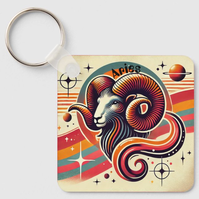 Aries Zodiac Metal Keychain Retro Design (Front)