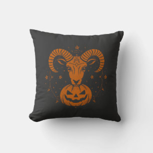 Aries Zodiac Ram with Halloween Pumpkin Spooky Throw Pillow