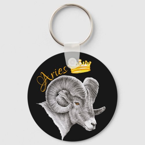 Aries Zodiac Sign Bighorn Ram and Crown Animal Art Keychain