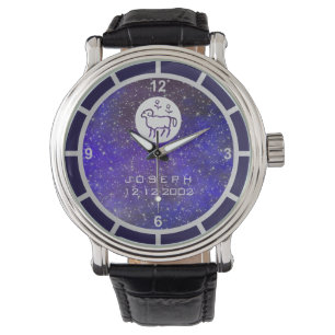 Aries Zodiac Sign Elegant Custom Name Birth Date Watch