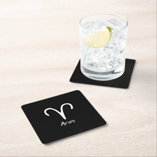 Aries Zodiac Sign on Black Background Square Paper Coaster