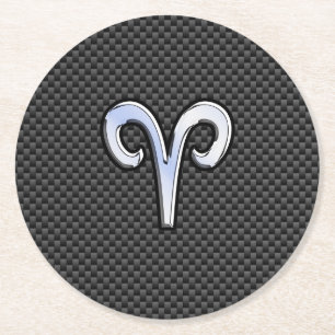 Aries Zodiac Sign on Carbon Fiber Style Round Paper Coaster