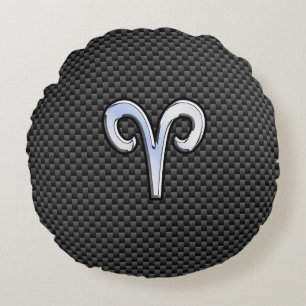 Aries Zodiac Sign on Carbon Fiber Style Round Pillow