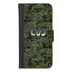 Aries Zodiac Sign on Green Digital Camo iPhone 8/7 Wallet Case