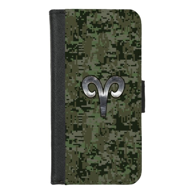 Aries Zodiac Sign on Green Digital Camo iPhone Wallet Case (Front)
