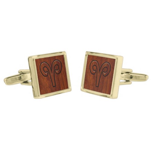 Aries Zodiac Sign on Mahogany like print Gold Cufflinks