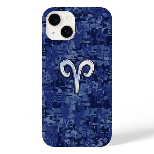 Aries Zodiac Sign on Navy Blue Camo Case-Mate iPhone 14 Case