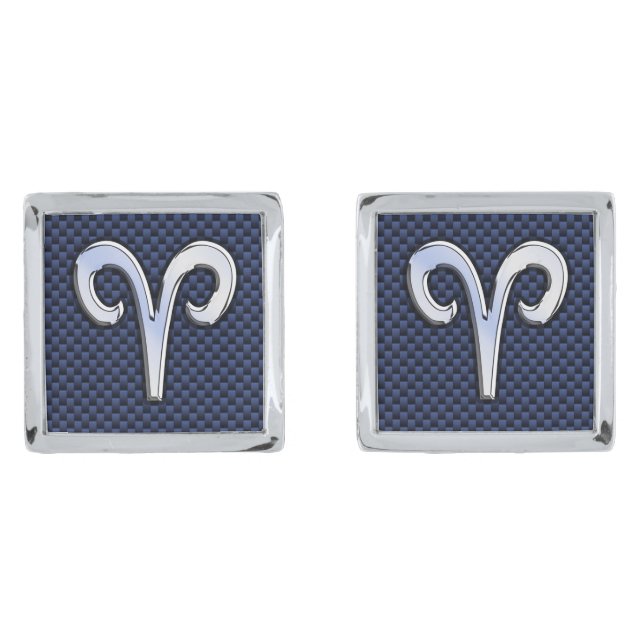 Aries Zodiac Sign on Navy Blue Carbon Fiber Print Cufflinks (Front)