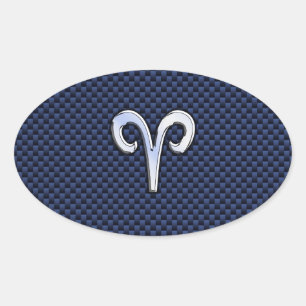 Aries Zodiac Sign on Navy Blue Carbon Fiber Print Oval Sticker