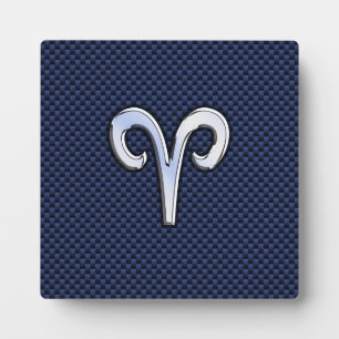 Aries Zodiac Sign on Navy Blue Carbon Fiber Print Plaque