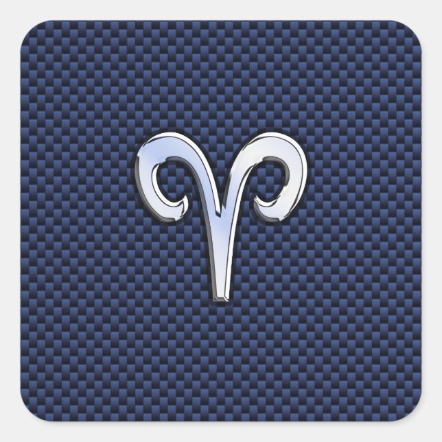 Aries Zodiac Sign on Navy Blue Carbon Fiber Print Square Sticker (Front)